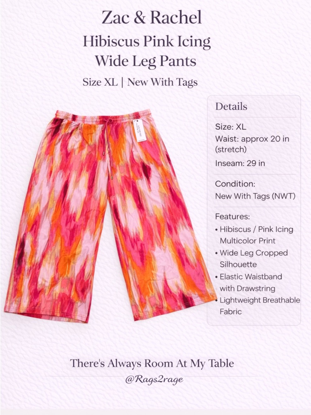 Zac & Rachel Hibiscus Pink Wide Leg Pants XL Resort Vacation NWT - Picture 3 of 7